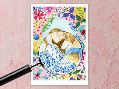 Sometimes all you need is love - close up a5 art blonde hair cape town close up design details dog illustration flowers folk clothing illustraion patterns pink watercolor