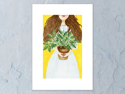 Sunshine girl a5 art blue bright colors cape town design flowing hair green greenery happiness illustration pink lips planter pot plant stripes sunshine watercolor yellow