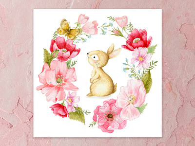 Hop to it art artwork bunny butterfly cape town design flowers forest animals forest friends illustration pink poppies progress rabbit watercolor watercolor painting wild flowers