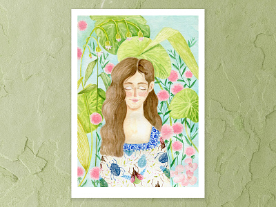 Bugs in the Garden a5 art beauty beetle brown hair cape town details eyes shut flowers flowing hair garden illustration illustrator insects pink portrait portrait art tiny art watercolor watercolor painting