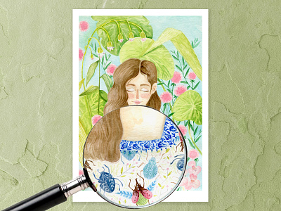 Bugs in the Garden - Close up a5 art beauty brown hair bugs cape town closeup design details eyes closed flowers flowing hair garden illustration insects pink portrait portrait art watercolor