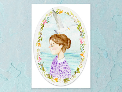What to do when a seagull lands on your head? a5 art cape town chestnut brown coral design details illustration portrait purple seagull seashells seaside seaweed starfish tiny fish watercolor watercolor painting