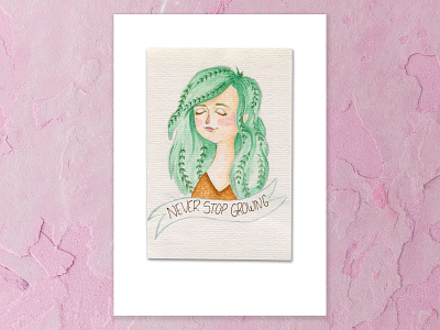 Never Stop Growing a5 art cape town design go green green hair growth mindset illustration peace pink plant woman texture vines watercolor watercolor painting