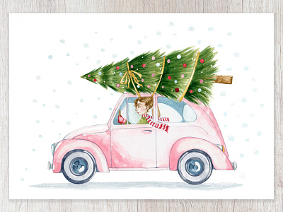 The Happiest Christmas Tree art beetle cape town capetown chestnut brown christmas card christmas tree deck the halls design details illustration pink pink car tis the season vintage car watercolor watercolor painting winter wear yellow bow