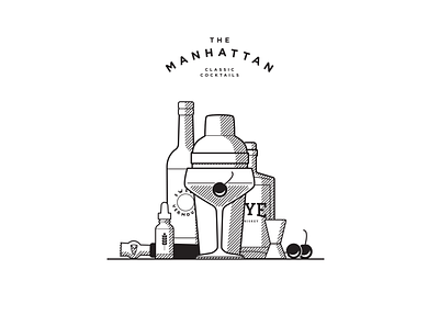 Manhattan blackandwhite cocktail flat illustration lineart manhattan woodcut