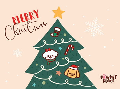 Pawket Place Christmas Greeting Card christmas christmas card christmas tree cute dog dog illustration dogs greeting cards illustration kawaii marketing merry christmas paw pet store petshop prints puppy xmas
