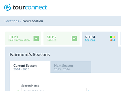 Tourconnect Onboarding Locations New Location Seasons demo guided tour onboarding photoshop tabbed tabs ui ux walkthrough wizard