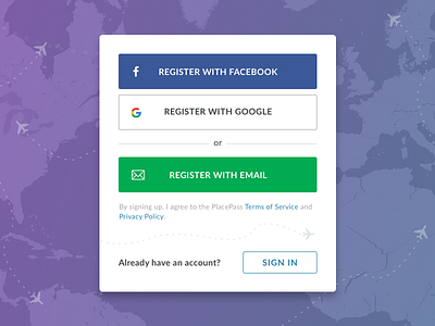 Register Modal / PlacePass create account form log in login modal on boarding popout register sign in sign up ux flow