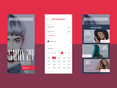 SALON 29 - Hair Styling Studio app beauty design flat fresh gorgeous hair hair salon illustration iphone x mobile modern ui ui design uiux ux design vector