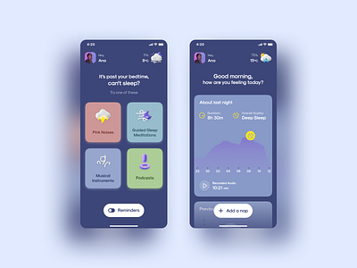 Sleep App app day figma healthy illustration insomnia meditation mobile music night page podcast profile schedules sleep sounds tracker ui ux weather
