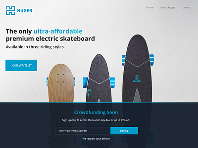 Huger Tech Landing Page crowdfund electric landing skateboard ui webdesign