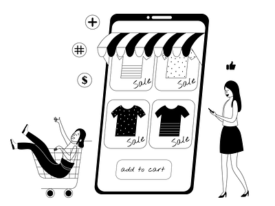 ITG - shopping black cart ecommerce flat fun graphic illustration illustrations illustrator itg like monochrome motion people sale shop shopping vector vlack and white woman