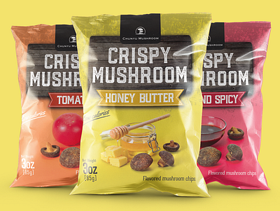 Mushroom Chips Packaging brand identity branding chips design food foodies honey illustration mushroom packaging packaging design photo photograph snack spicy