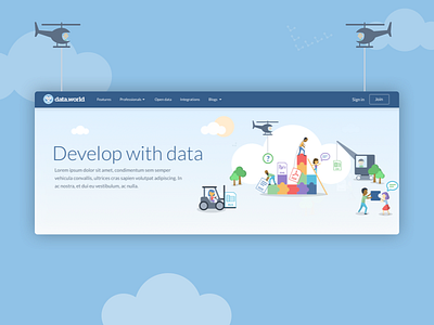 Develop with data banner banner csv helicopter illustration people trees xls