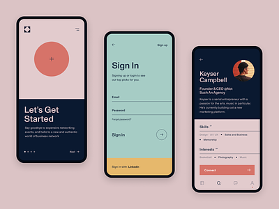 Networking App abstract app design branding composition design flat geometric minimal mobile product design profile sign in typography ui ux