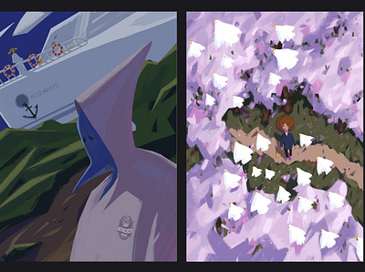 方舟、蓝血、樱花、白鸟 illustration procreate 一個人 水彩風格 落花， 速寫 陽光