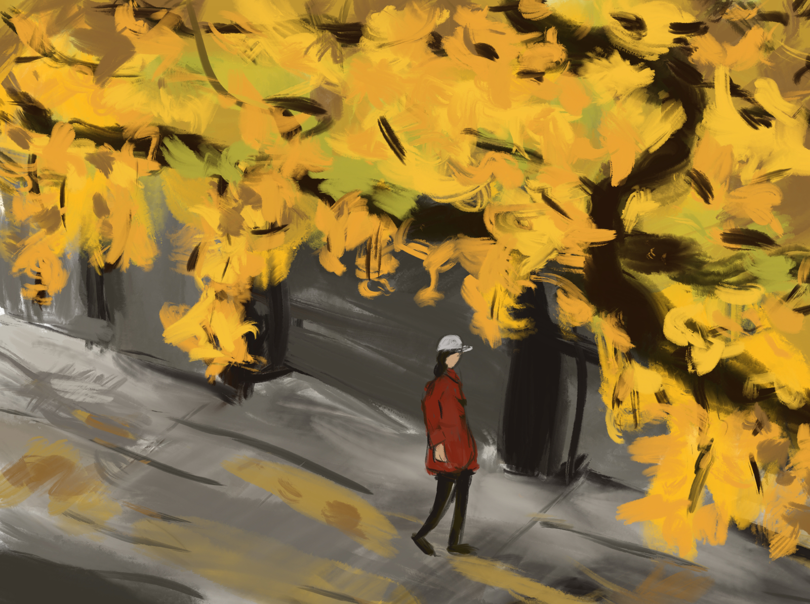 d human illustration 一個人 人行道 水彩風格 落葉 銀杏 陽光