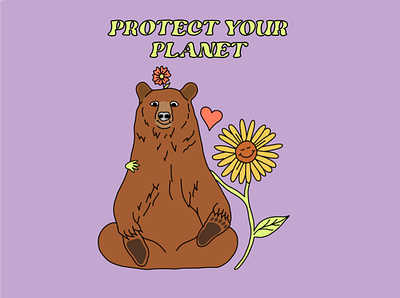 Protect the Planet bear earth earth day flower illustration illustration nature nature illustration planet planet earth psychedelic smokey sustainability typogaphy