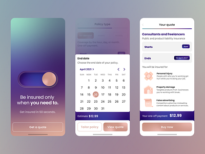 Insurance app advertising app design appdesign fintech gradients icondesign illustration injury innovation insurance app insurance company insuranceapp insurtech liability propertydamage toggle uiapp