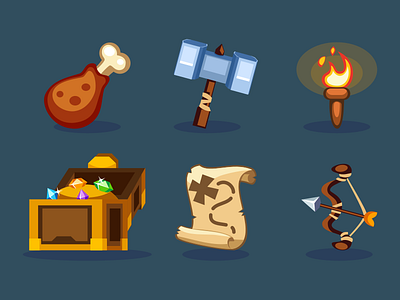 Game Icons 2d bow cartoon chest chicken game hammer illustration inkscape map torch vector