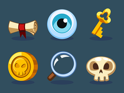 Game Icons 2d cartoon coin eye game illustration inkscape key magnifier scroll skull vector
