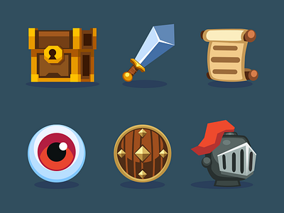 Game Icons 2d cartoon chest eye game helmet illustration inkscape scroll shield sword vector