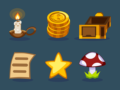 Game Icons 2d candle cartoon chest coins game illustration inkscape mushroom scroll star vector