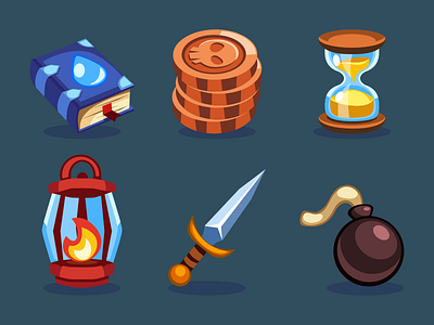 Game Icons 2d bomb book cartoon coins dagger game hourglass illustration inkscape lamp vector