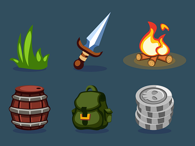 Game Icons 2d bag barrel bonfire cartoon coins dagger game grass illustration inkscape vector