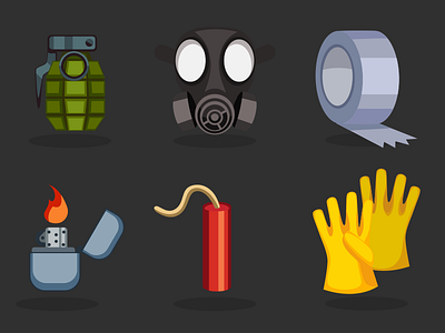 Survival Game Icons 2d adhesive tape cartoon dynamite game gas mask gloves grenade illustration inkscape lighter vector