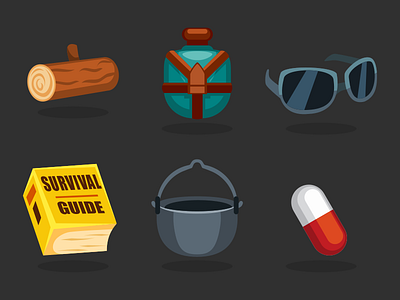 Survival Game Icons 2d cartoon cauldron flask game illustration inkscape log pill sunglasses survival guide vector