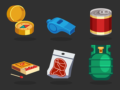 Survival Game Icons 2d canned goods cartoon compass game gas cylinder illustration inkscape jerky matches vector whistle