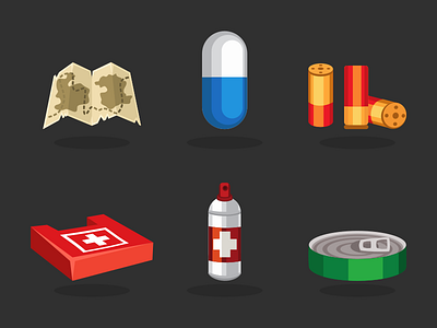 Survival Game Icons 2d ammo canned goods cartoon game illustration inkscape map medic spray medkit pill vector