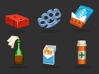 Survival Game Icons 2d brick cartoon castet chocolate cigarette game illustration inkscape molotov pills vector