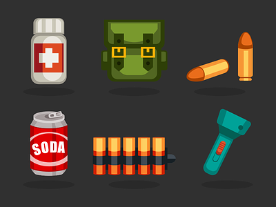 Survival Game Icons 2d ammo backpack cartoon flashlight game illustration inkscape pills soda vector
