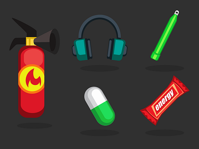 Survival Game Icons 2d cartoon chemical light energy bar fire extinguisher game headphones illustration inkscape pill vector