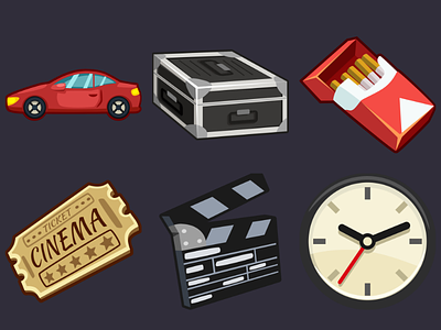 Detective Pack Icons 1 2d car cartoon case cigarettes cinema ticket clapperboard game icons inkscape vector wall clock