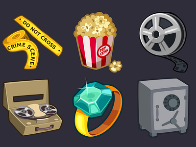 Detective Pack Icons 2 2d cartoon game icons inkscape police tape popcorn reel reel player ring safe vector