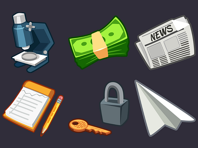 Detective Pack Icons 3 2d cartoon game icons inkscape microscope money newspaper notepad padlock paper plane vector