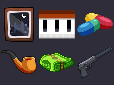 Detective Pack Icons 7 2d cartoon game icons inkscape money photo piano pills pistol silencer vector