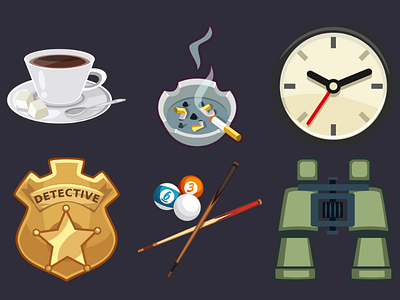 Detective Pack Icons 11 2d ashtray billiard binoculars cartoon clock coffee design detective badge game icons inkscape vector