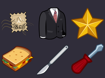 Detective Pack Icons 15 2d black suit cartoon design game icons inkscape sandwich scalpel screwdriver stamp star vector