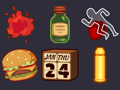 Detective Pack Icons 18 2d blood body silhouette bottle bullets burger calendar cartoon design game icons inkscape stain vector