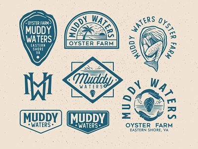 BRANDING MUDDY WATERS, OYSTER FARM apparel badge design branding clothing graphicdesign illustration logo monogram streetwear typography vector