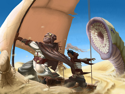 Chase in the desert arab boat chase creature desert dnd dune egipcian egipt illustration monster orinanis persian pursuit rpg sand splashart