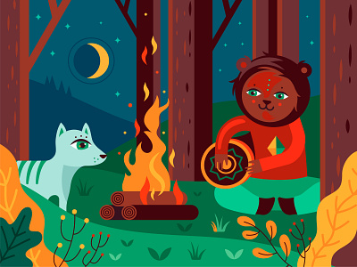Good Night fire bear bonfire camping character cute fairytale festival fire forest friends gathering hippie illustration moon nature outdoors tree wolf woods