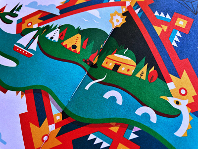 Inaya valley. Children's book illustration book camp childrens book decorative dragon ethnic fairytale hippie legend nomad ornament pattern psychedelic river ship sky valley wigwam yurt