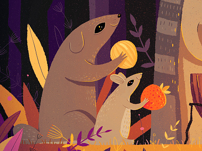 Forest jam (fragment) animal art autumn cute fairytle fire forest fruits illustration night