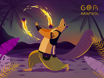 Chipmunk poing animal artist beach chipmunk dance fire fireshow goa hippie illustration palm poi show tropics