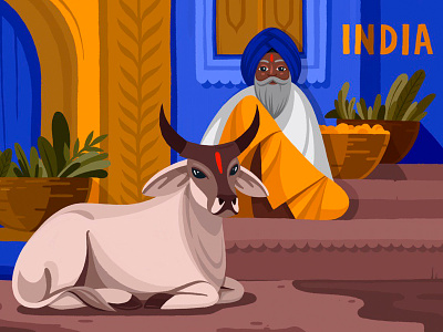 Jodhpur blue city artist blue character cow fruits goa gold illustration illustrator india postcard sadhu yellow